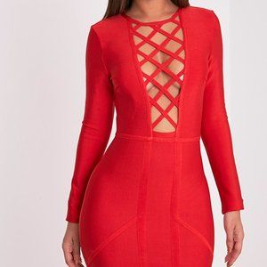 NWOT PrettyLittleThing LIVIA RED LATTICE BANDAGE BODYCON DRESS- Size 4